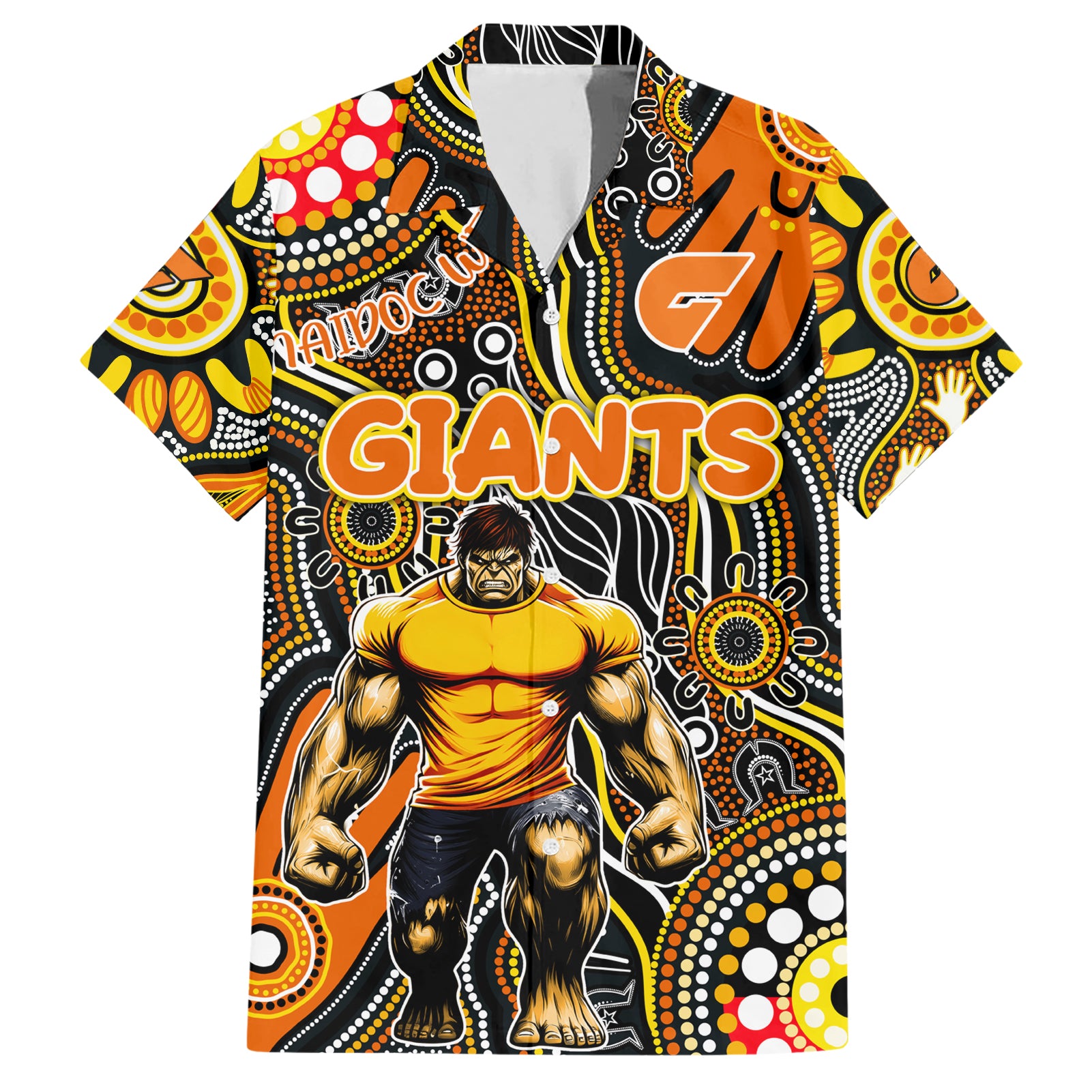 Personalised NAIDOC Week 2024 GWS Giants Hawaiian Shirt Australian Aboriginal Hand Painting - Vibe Hoodie Shop