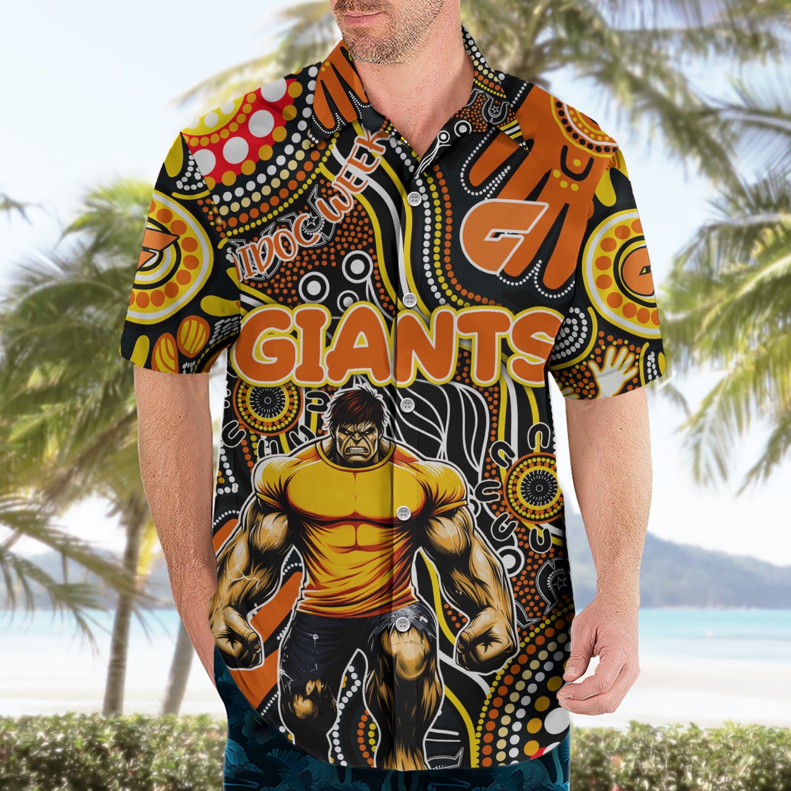 Personalised NAIDOC Week 2024 GWS Giants Hawaiian Shirt Australian Aboriginal Hand Painting - Vibe Hoodie Shop