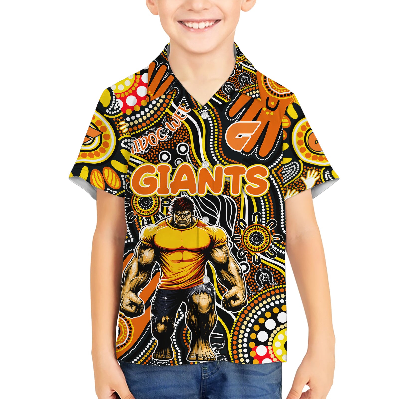 Personalised NAIDOC Week 2024 GWS Giants Hawaiian Shirt Australian Aboriginal Hand Painting - Vibe Hoodie Shop