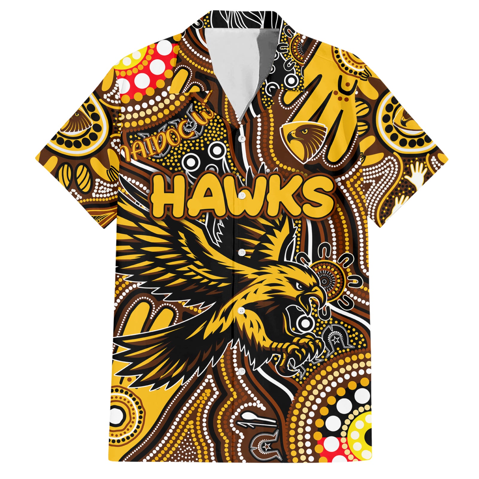 Personalised NAIDOC Week 2024 Hawthorn Hawks Hawaiian Shirt Australian Aboriginal Hand Painting - Vibe Hoodie Shop