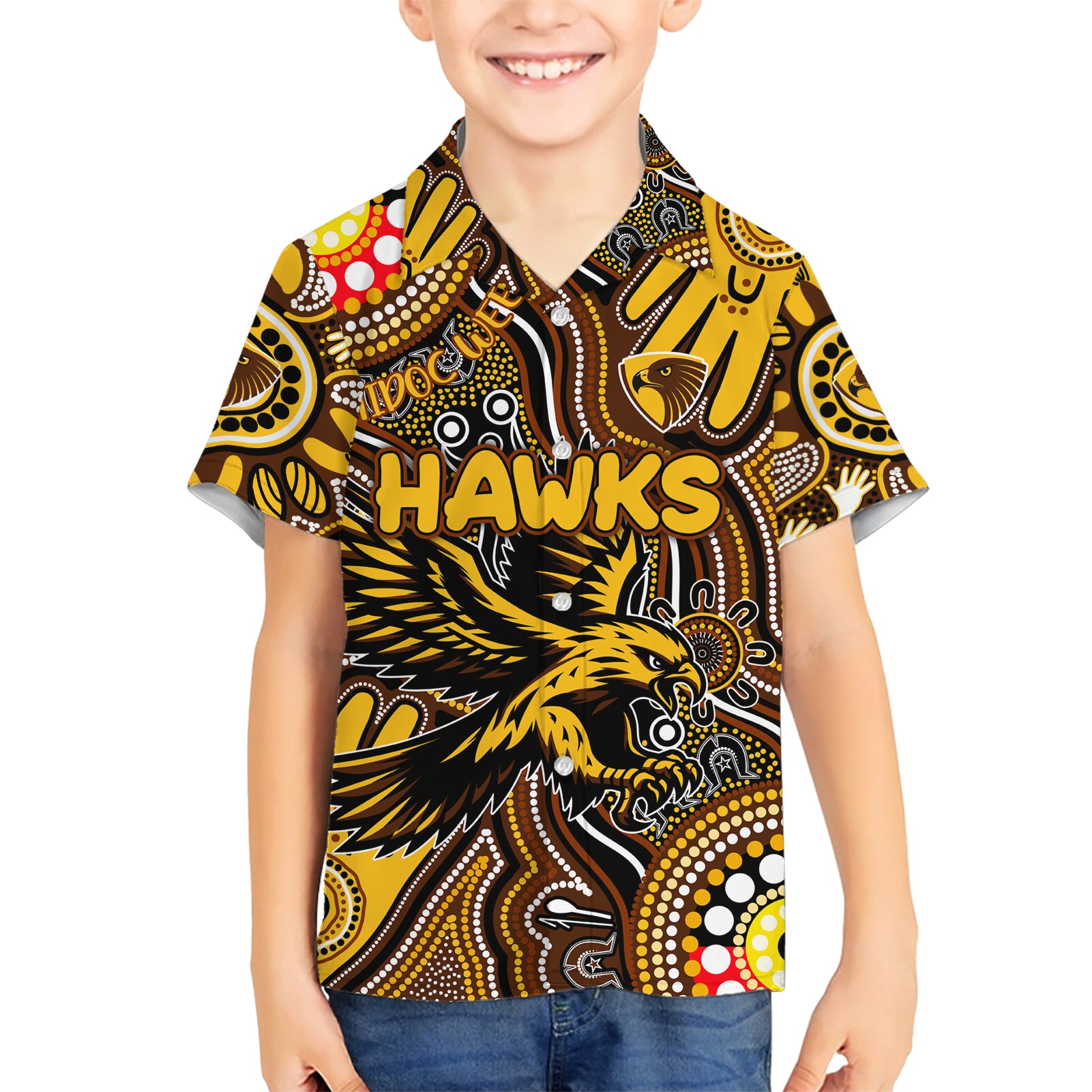 Personalised NAIDOC Week 2024 Hawthorn Hawks Hawaiian Shirt Australian Aboriginal Hand Painting - Vibe Hoodie Shop