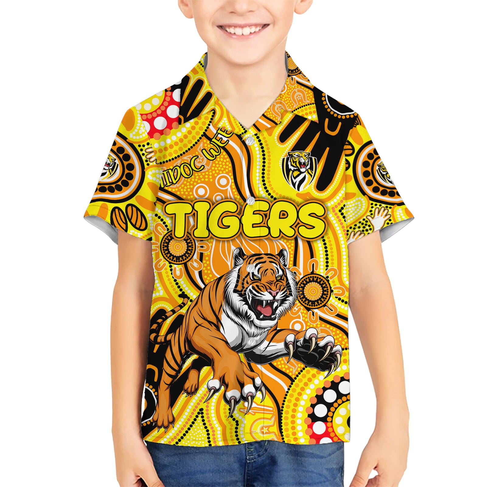 Personalised NAIDOC Week 2024 Richmond Tiger Hawaiian Shirt Australian Aboriginal Hand Painting - Vibe Hoodie Shop