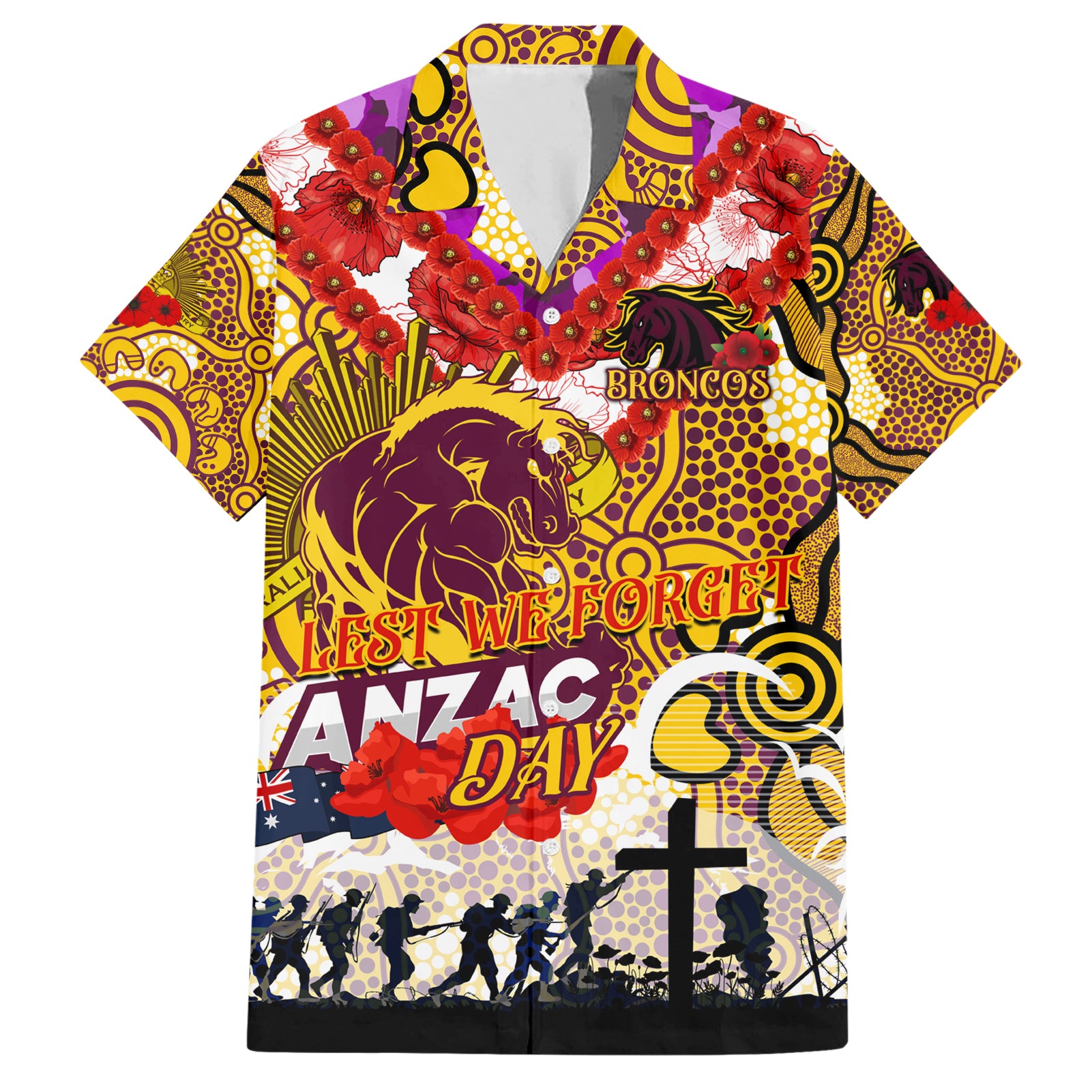 Personalised Broncos ANZAC Day Hawaiian Shirt Aboriginal Rising Sun - Vibe Hoodie Shop