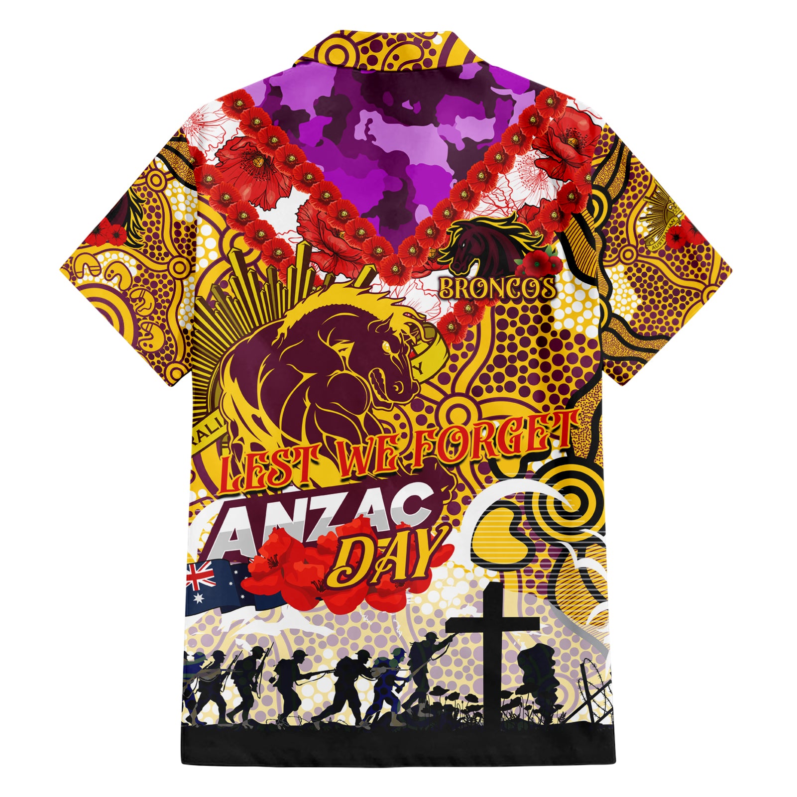 Personalised Broncos ANZAC Day Hawaiian Shirt Aboriginal Rising Sun - Vibe Hoodie Shop