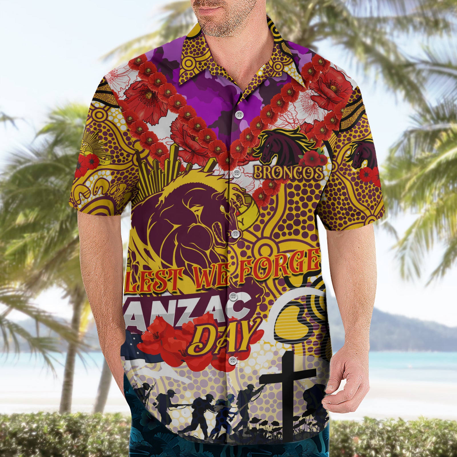 Personalised Broncos ANZAC Day Hawaiian Shirt Aboriginal Rising Sun - Vibe Hoodie Shop