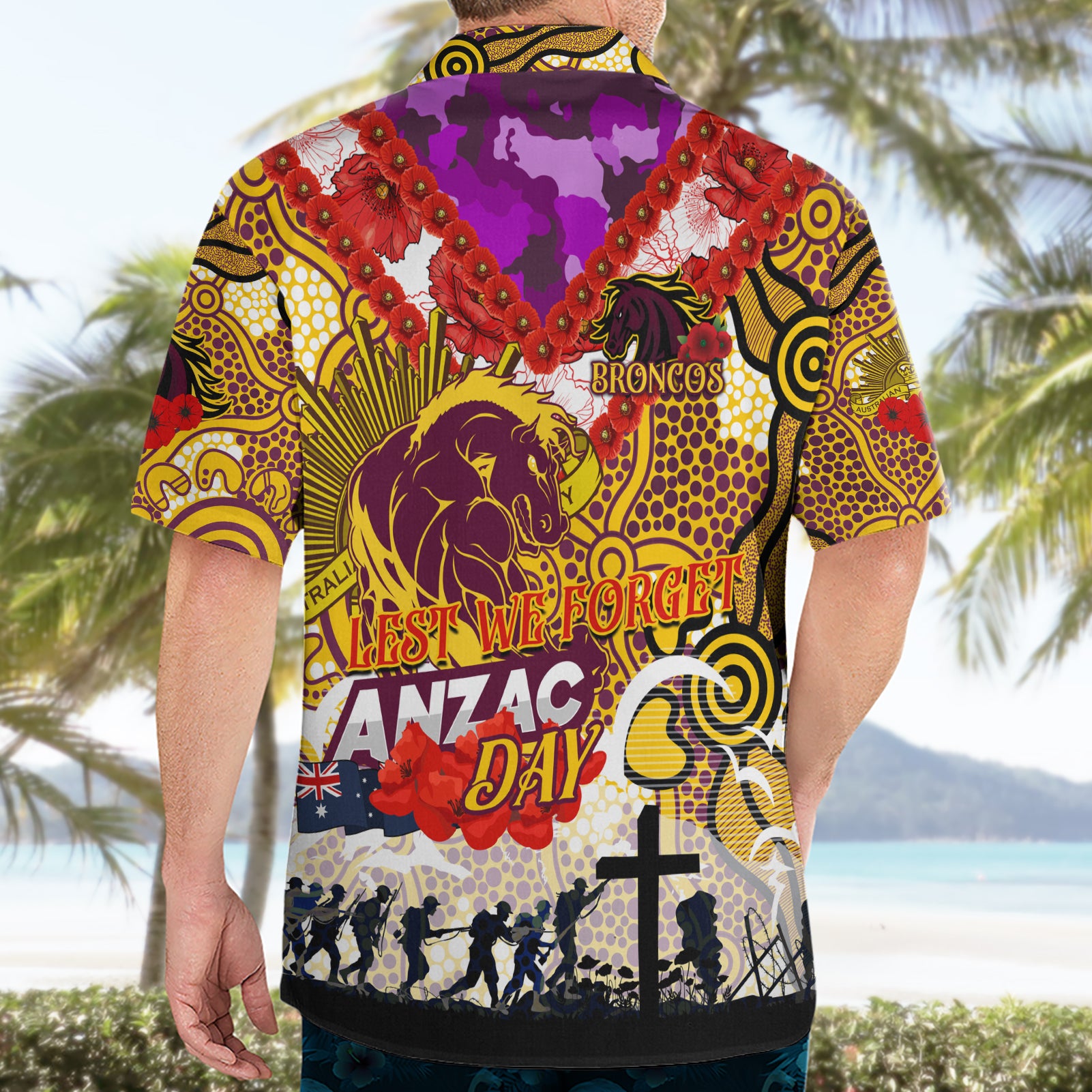 Personalised Broncos ANZAC Day Hawaiian Shirt Aboriginal Rising Sun - Vibe Hoodie Shop