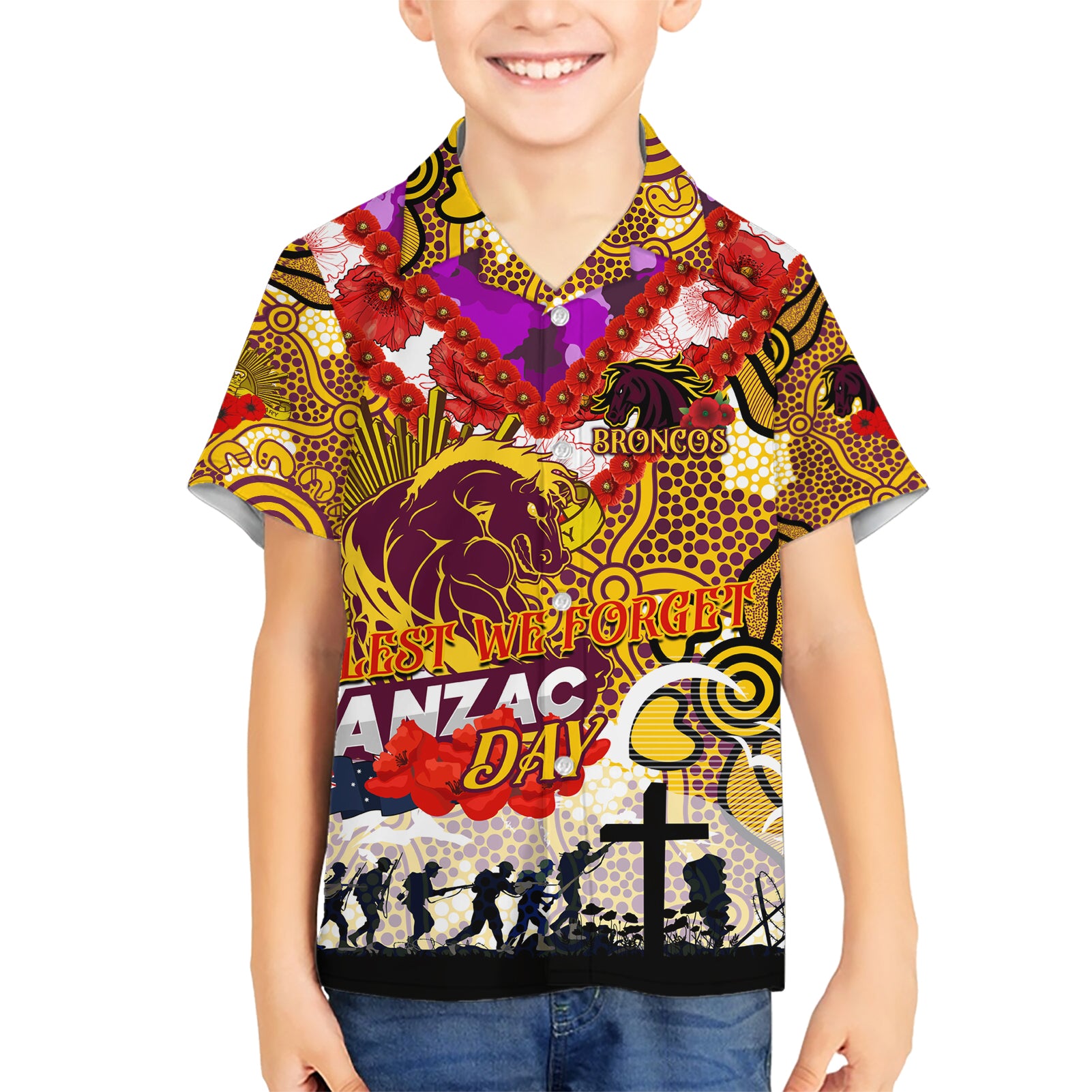 Personalised Broncos ANZAC Day Hawaiian Shirt Aboriginal Rising Sun - Vibe Hoodie Shop