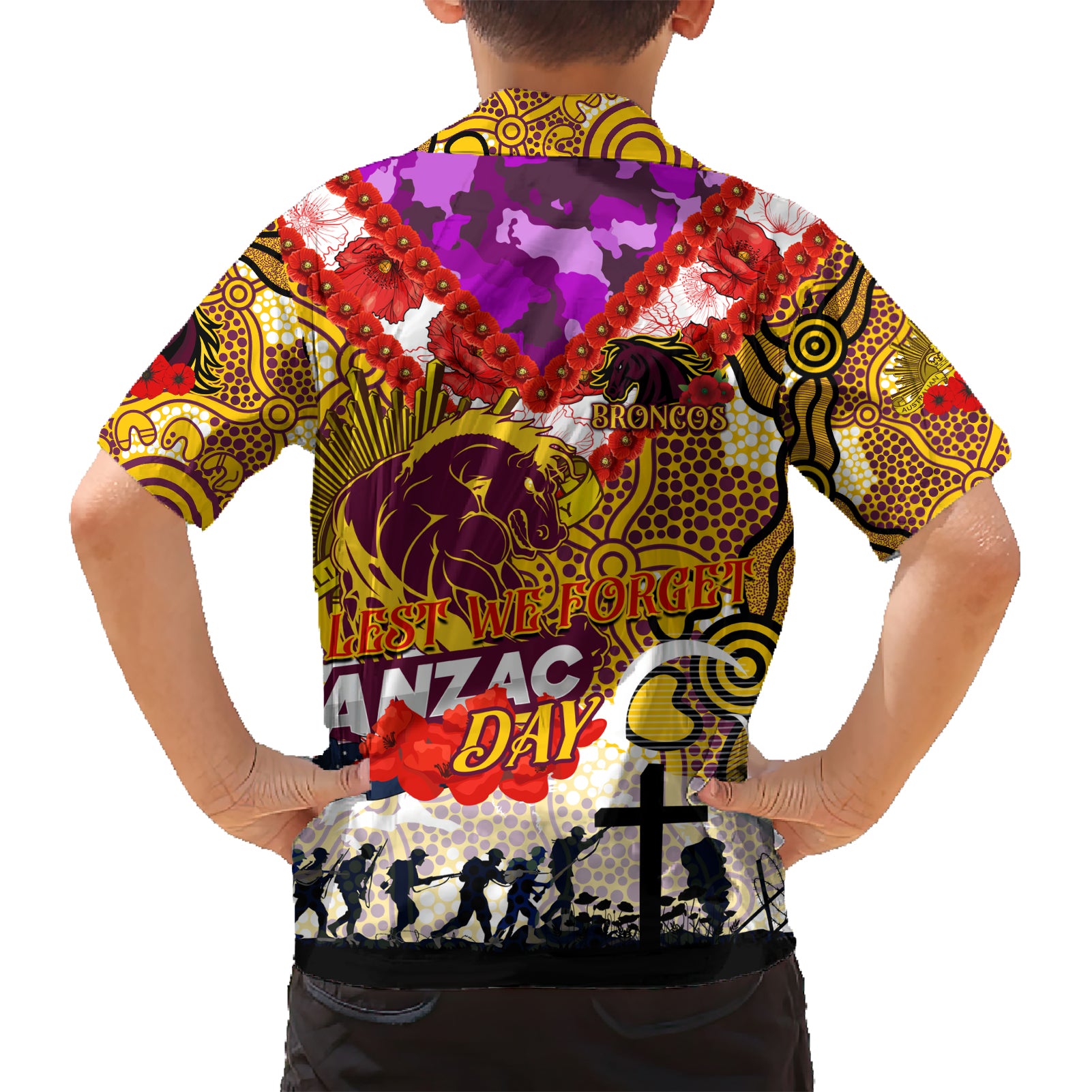 Personalised Broncos ANZAC Day Hawaiian Shirt Aboriginal Rising Sun - Vibe Hoodie Shop