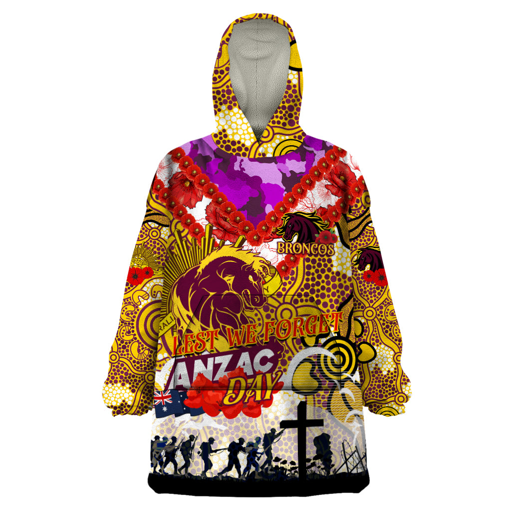 Personalised Broncos ANZAC Day Wearable Blanket Hoodie Aboriginal Rising Sun - Vibe Hoodie Shop