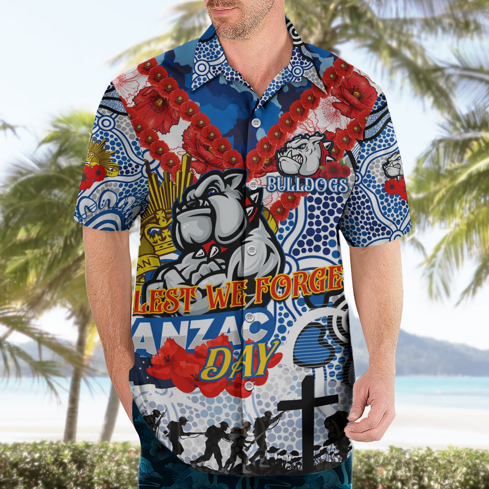 Personalised Bulldogs ANZAC Day Hawaiian Shirt Aboriginal Rising Sun - Vibe Hoodie Shop