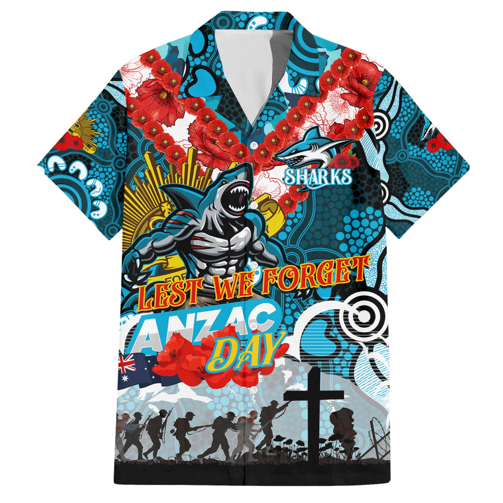 Personalised Sharks ANZAC Day Hawaiian Shirt Aboriginal Rising Sun - Vibe Hoodie Shop
