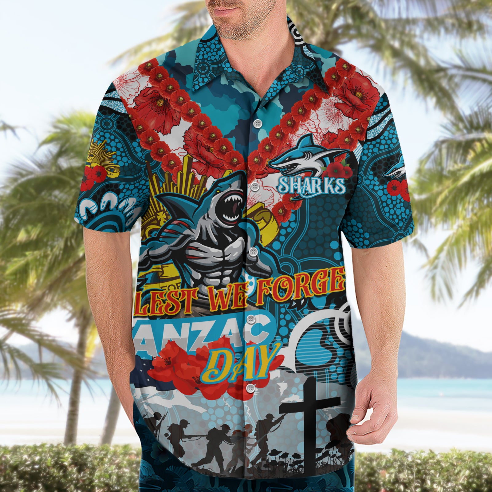 Personalised Sharks ANZAC Day Hawaiian Shirt Aboriginal Rising Sun - Vibe Hoodie Shop