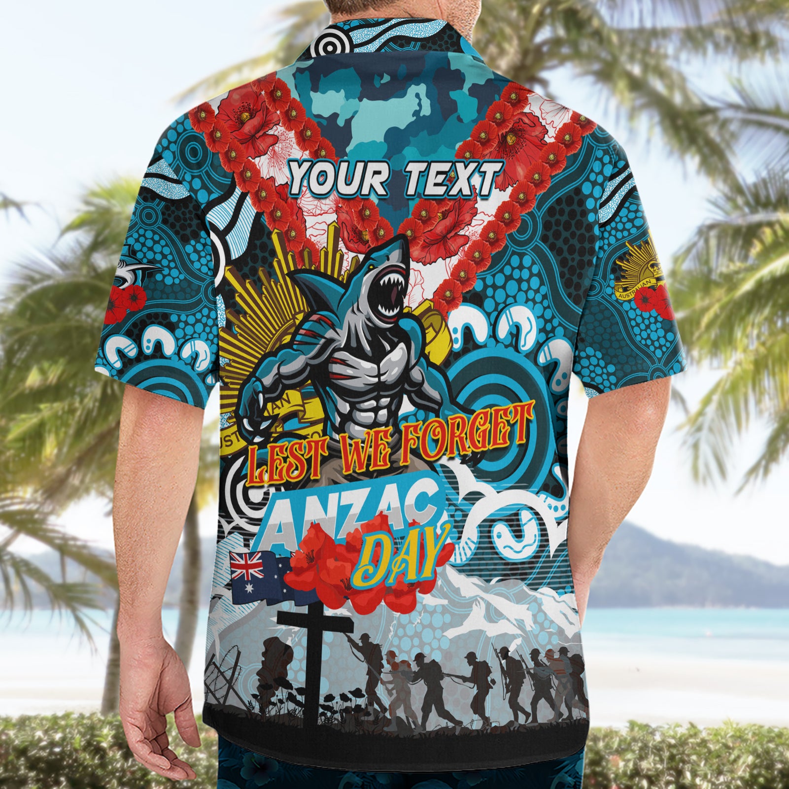 Personalised Sharks ANZAC Day Hawaiian Shirt Aboriginal Rising Sun - Vibe Hoodie Shop