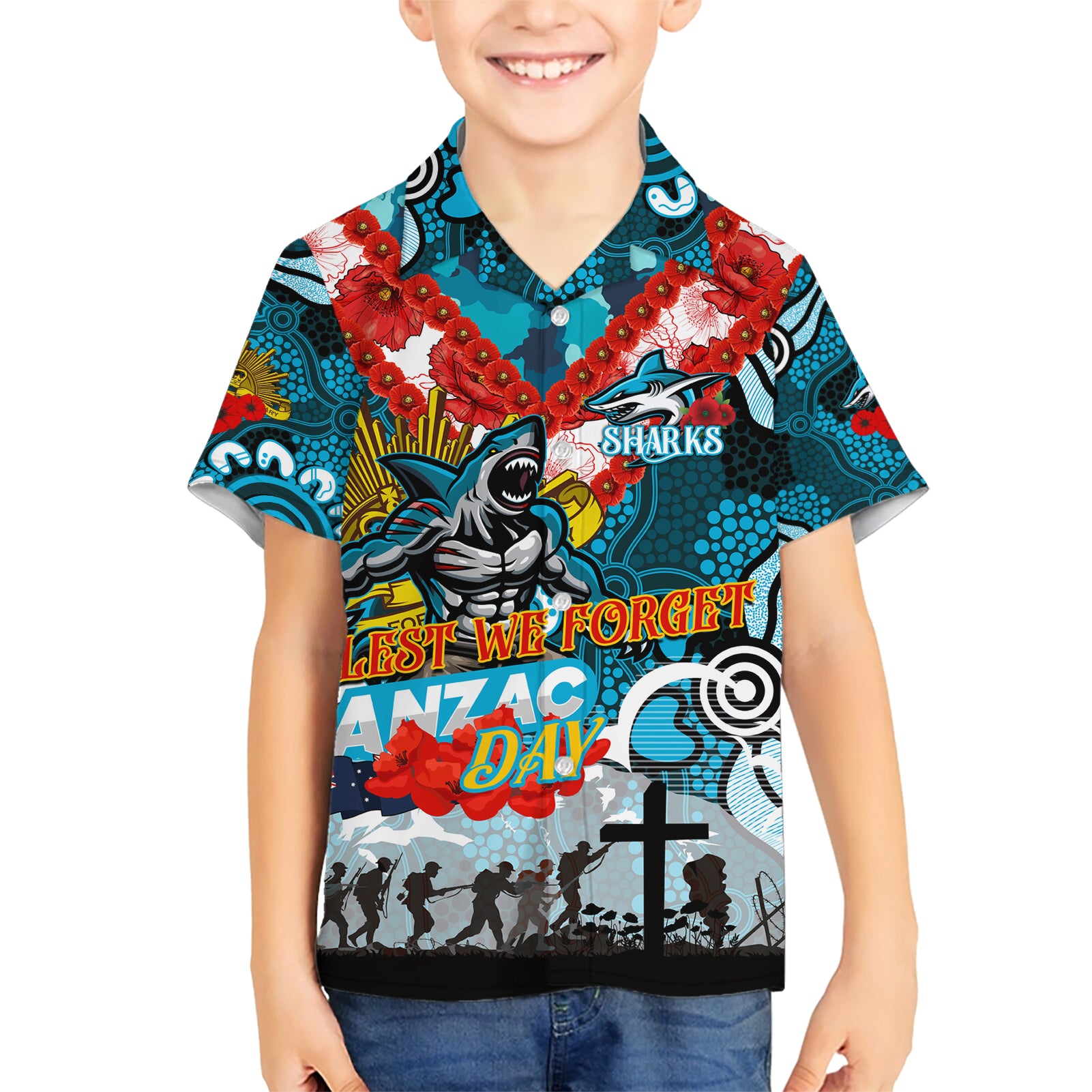 Personalised Sharks ANZAC Day Hawaiian Shirt Aboriginal Rising Sun - Vibe Hoodie Shop