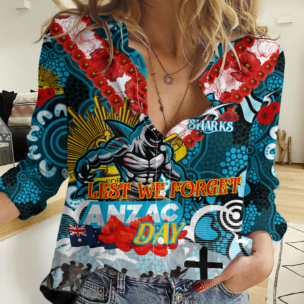 Personalised Sharks ANZAC Day Women Casual Shirt Aboriginal Rising Sun - Vibe Hoodie Shop