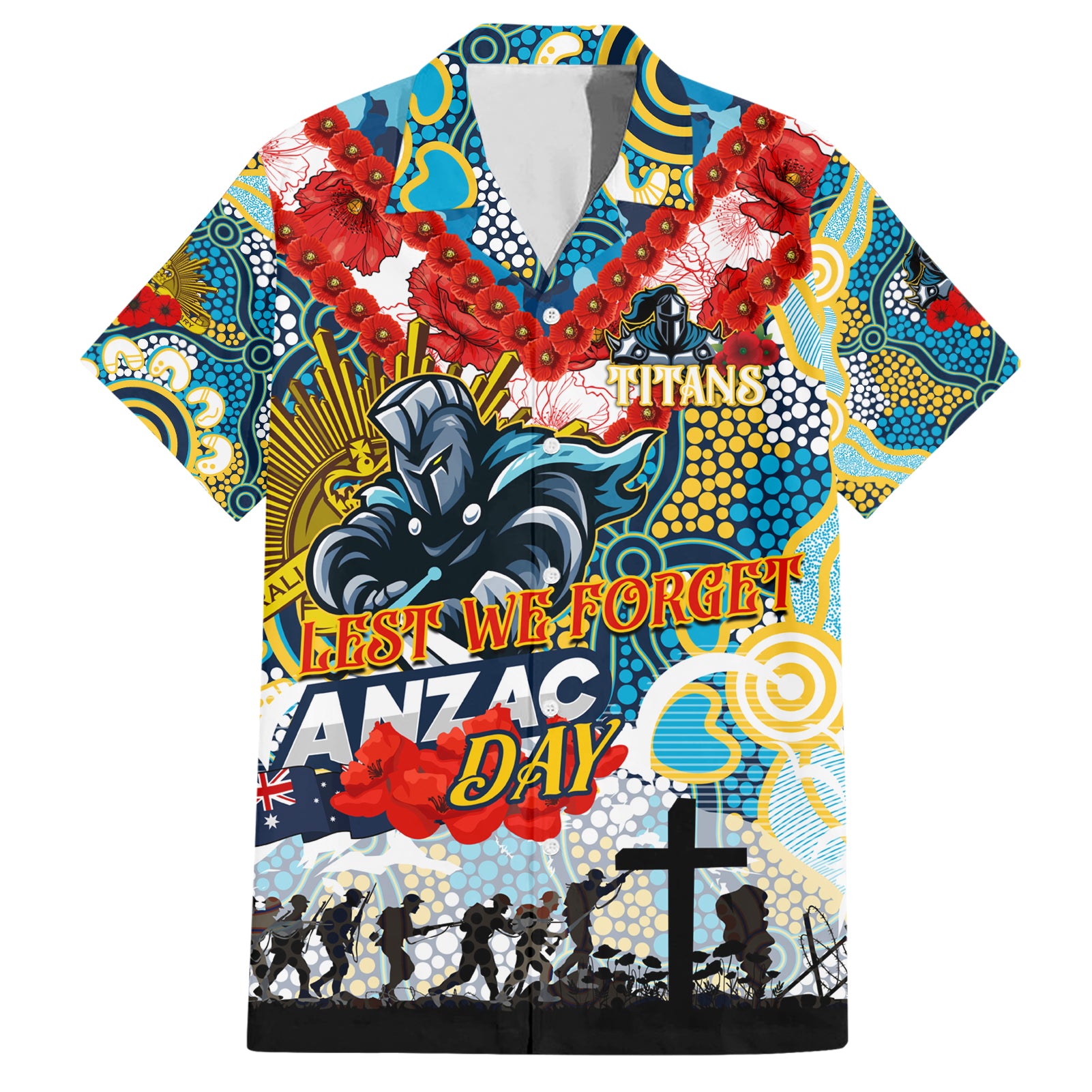 Personalised Titans ANZAC Day Hawaiian Shirt Aboriginal Rising Sun - Vibe Hoodie Shop