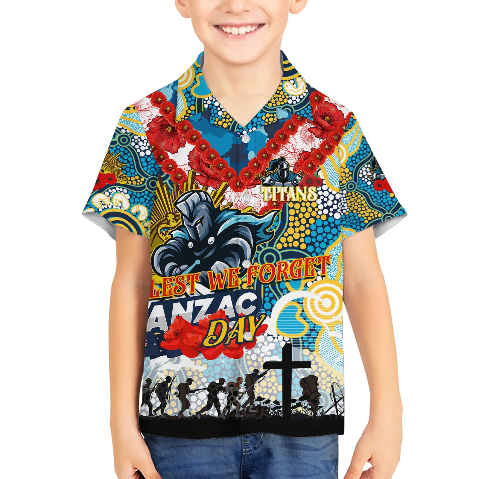 Personalised Titans ANZAC Day Hawaiian Shirt Aboriginal Rising Sun - Vibe Hoodie Shop