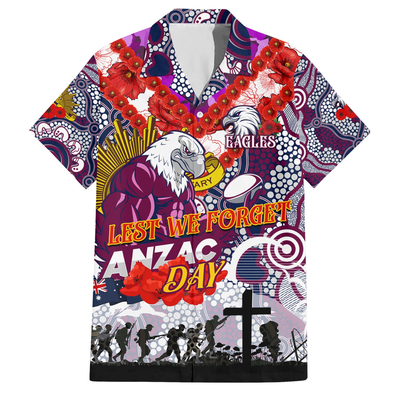 Personalised Eagles ANZAC Day Hawaiian Shirt Aboriginal Rising Sun - Vibe Hoodie Shop