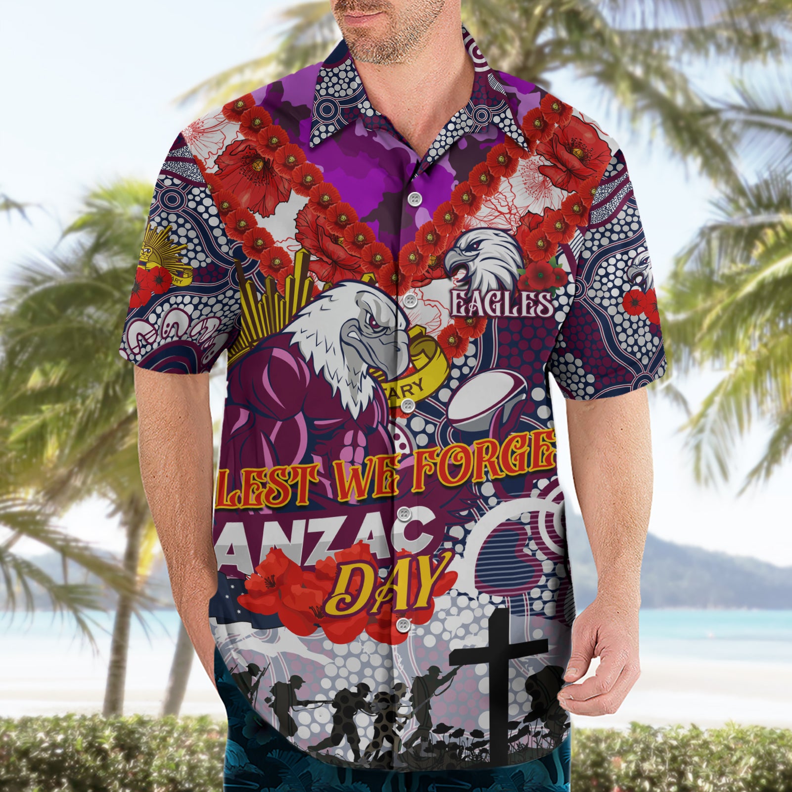 Personalised Eagles ANZAC Day Hawaiian Shirt Aboriginal Rising Sun - Vibe Hoodie Shop