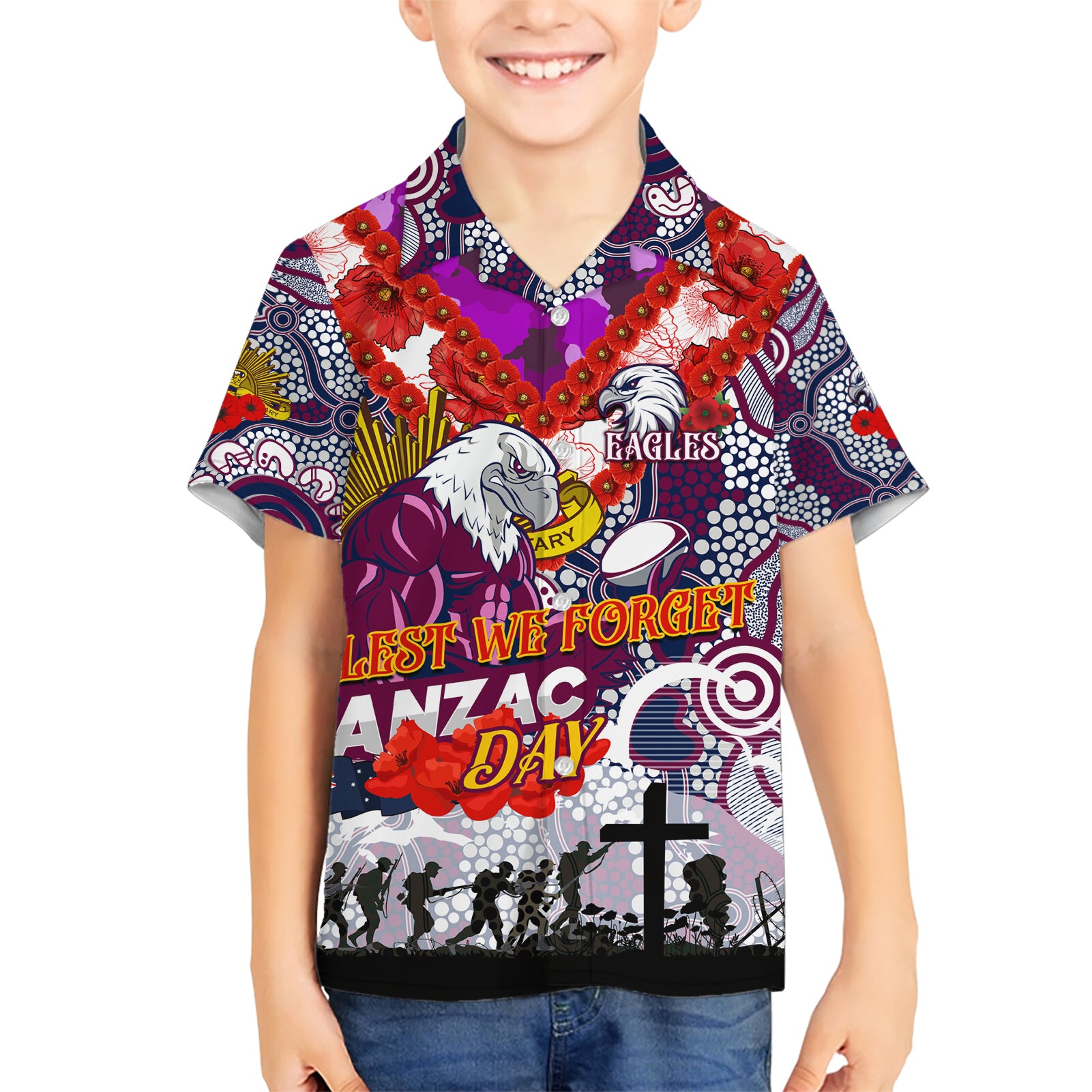 Personalised Eagles ANZAC Day Hawaiian Shirt Aboriginal Rising Sun - Vibe Hoodie Shop