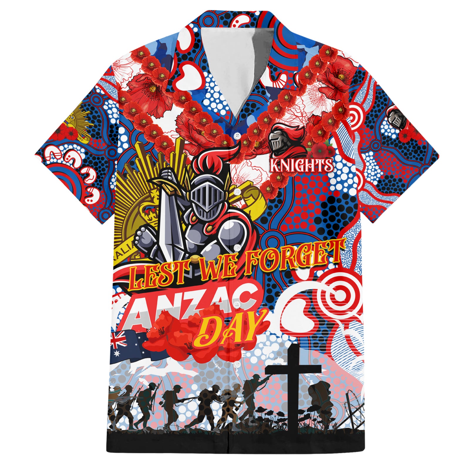 Personalised Knights ANZAC Day Hawaiian Shirt Aboriginal Rising Sun - Vibe Hoodie Shop