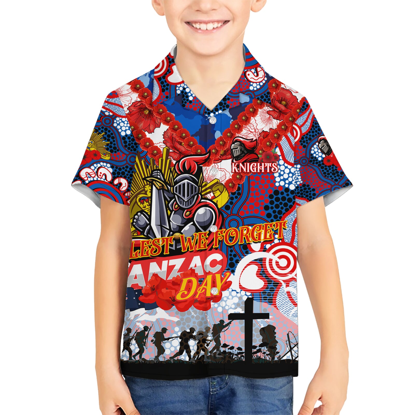 Personalised Knights ANZAC Day Hawaiian Shirt Aboriginal Rising Sun - Vibe Hoodie Shop