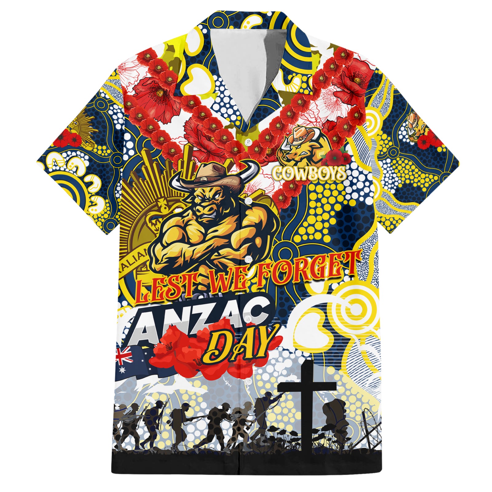 Personalised Cowboys ANZAC Day Hawaiian Shirt Aboriginal Rising Sun - Vibe Hoodie Shop