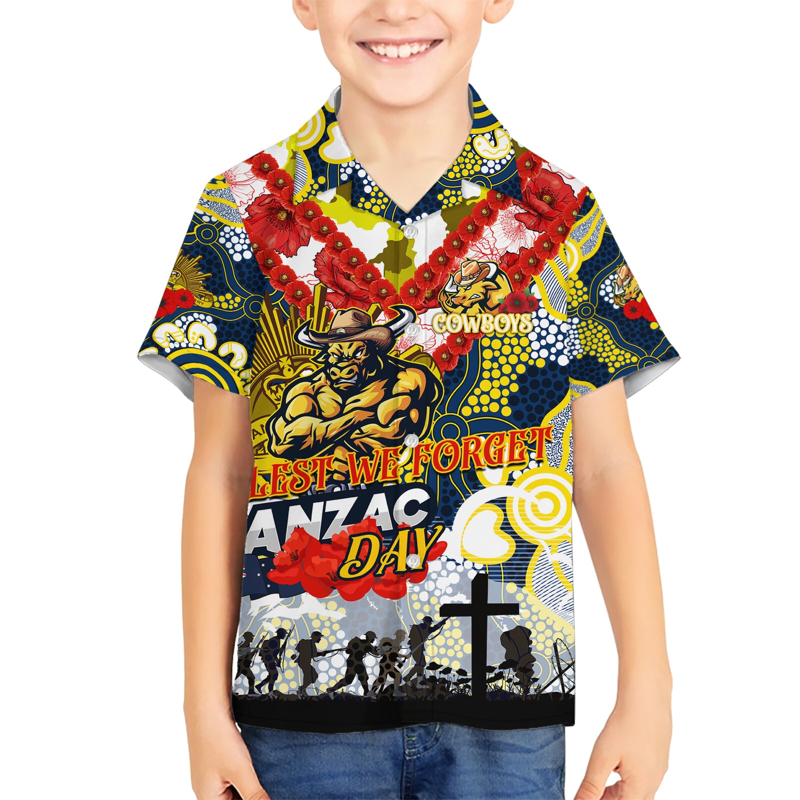 Personalised Cowboys ANZAC Day Hawaiian Shirt Aboriginal Rising Sun - Vibe Hoodie Shop