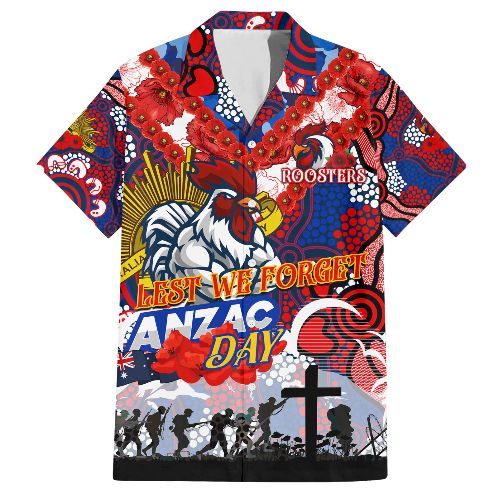 Personalised Roosters ANZAC Day Hawaiian Shirt Aboriginal Rising Sun - Vibe Hoodie Shop