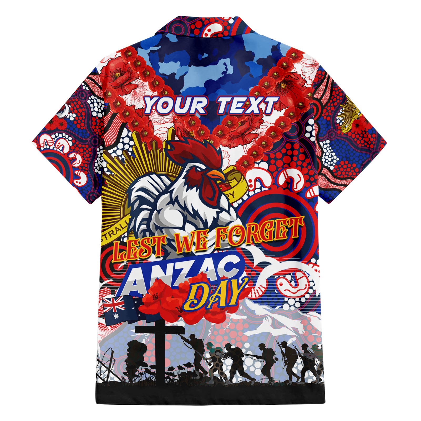 Personalised Roosters ANZAC Day Hawaiian Shirt Aboriginal Rising Sun - Vibe Hoodie Shop