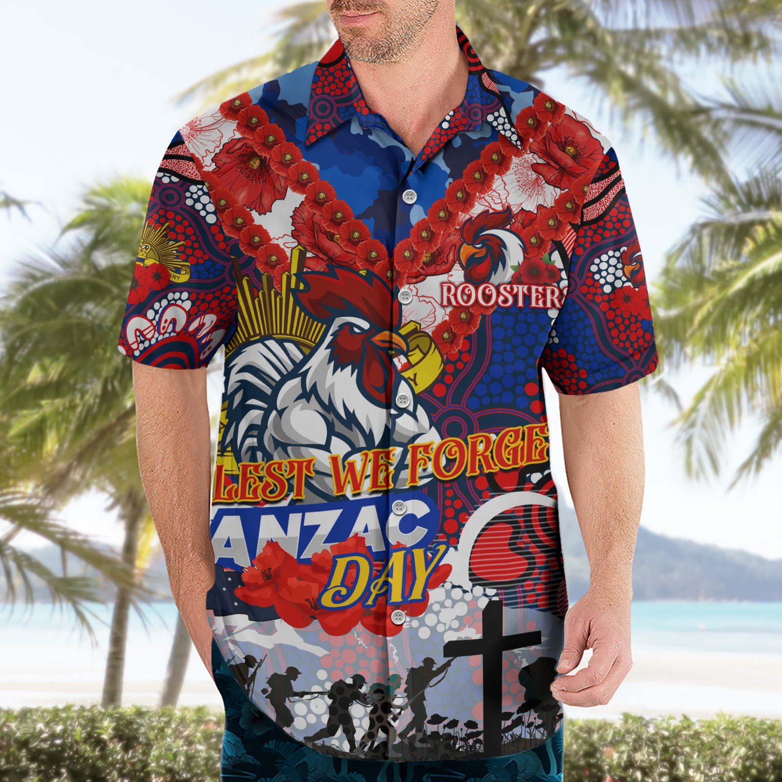 Personalised Roosters ANZAC Day Hawaiian Shirt Aboriginal Rising Sun - Vibe Hoodie Shop