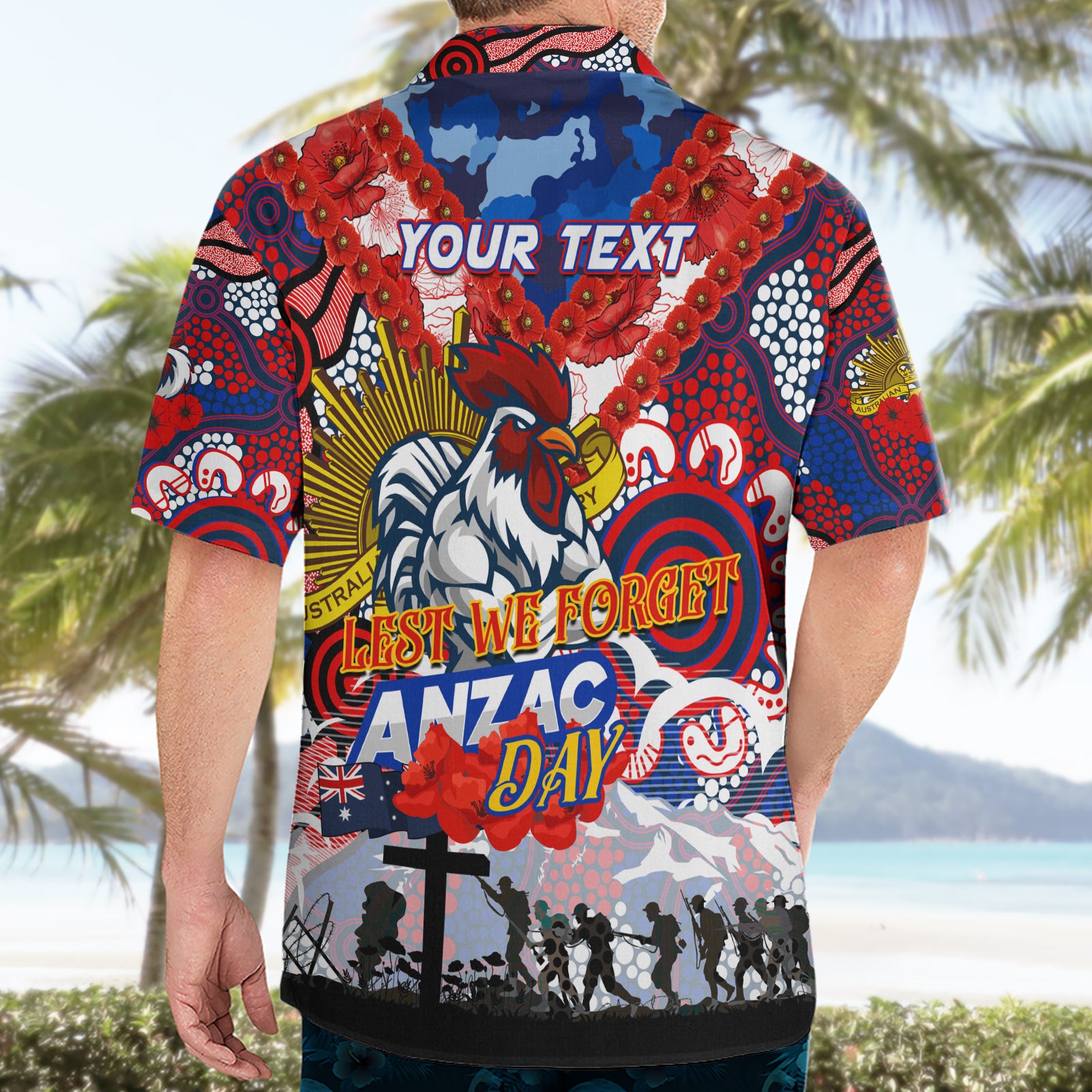 Personalised Roosters ANZAC Day Hawaiian Shirt Aboriginal Rising Sun - Vibe Hoodie Shop