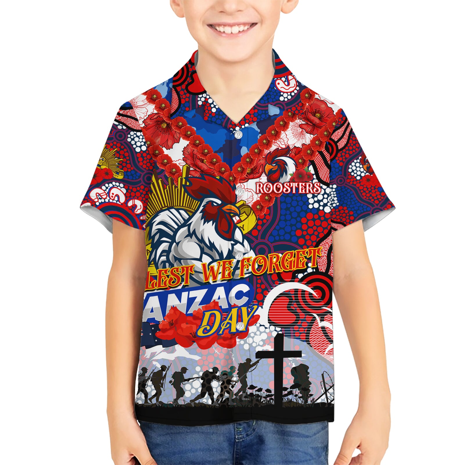 Personalised Roosters ANZAC Day Hawaiian Shirt Aboriginal Rising Sun - Vibe Hoodie Shop