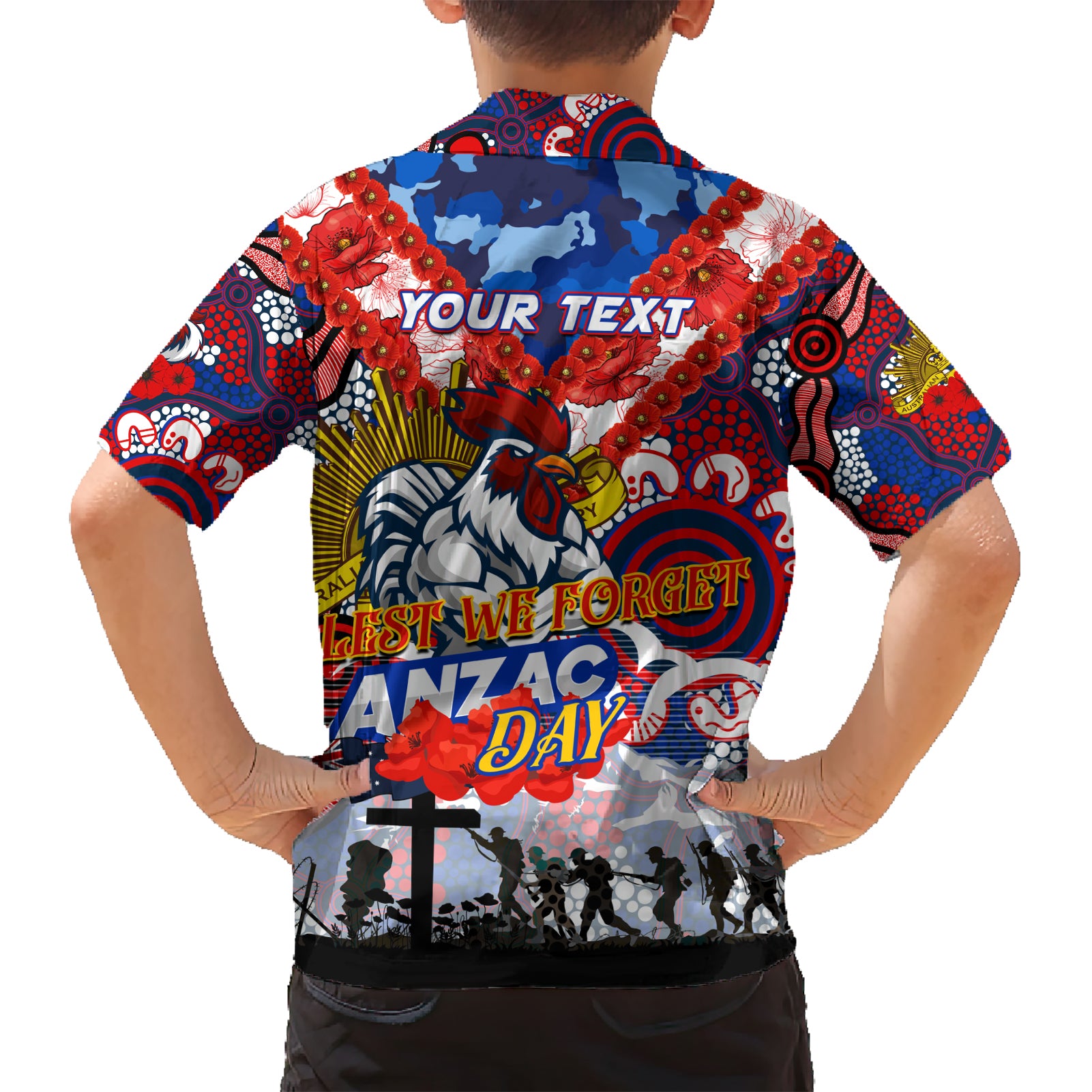 Personalised Roosters ANZAC Day Hawaiian Shirt Aboriginal Rising Sun - Vibe Hoodie Shop