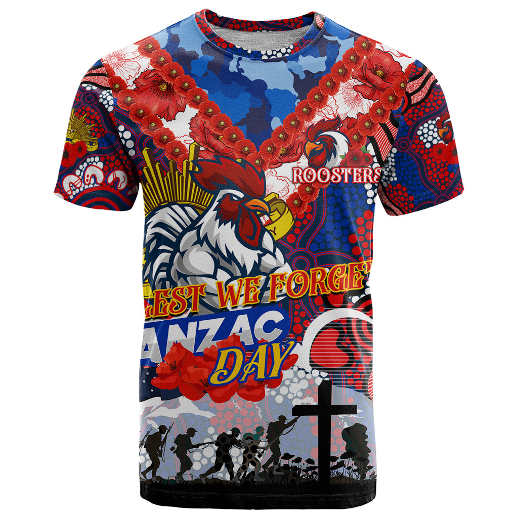 Personalised Roosters ANZAC Day T Shirt Aboriginal Rising Sun - Vibe Hoodie Shop