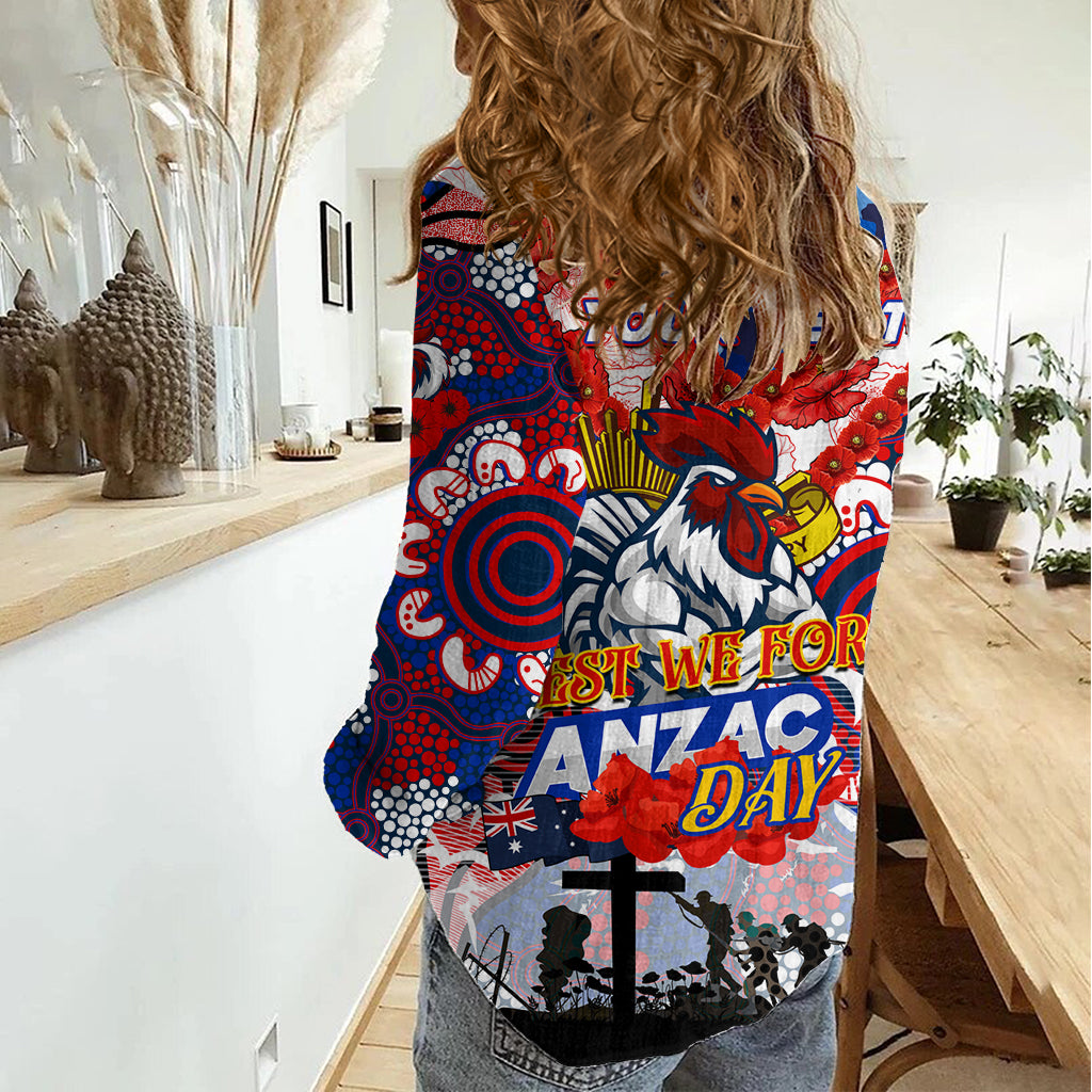Personalised Roosters ANZAC Day Women Casual Shirt Aboriginal Rising Sun - Vibe Hoodie Shop