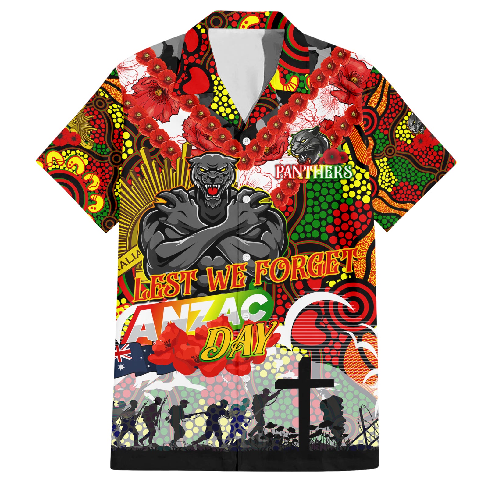 Personalised Panthers ANZAC Day Hawaiian Shirt Aboriginal Rising Sun - Vibe Hoodie Shop