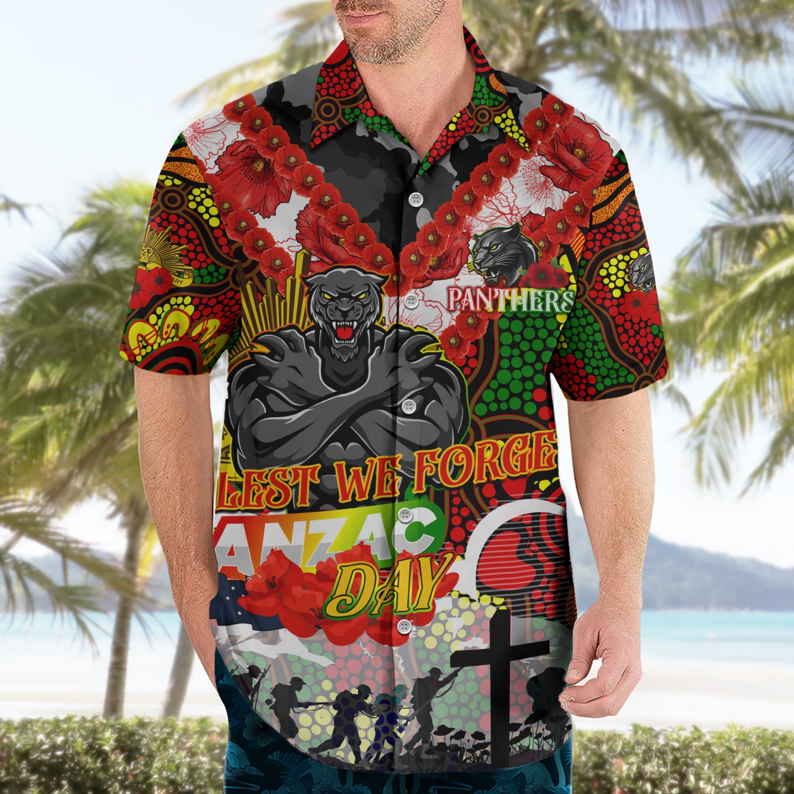 Personalised Panthers ANZAC Day Hawaiian Shirt Aboriginal Rising Sun - Vibe Hoodie Shop