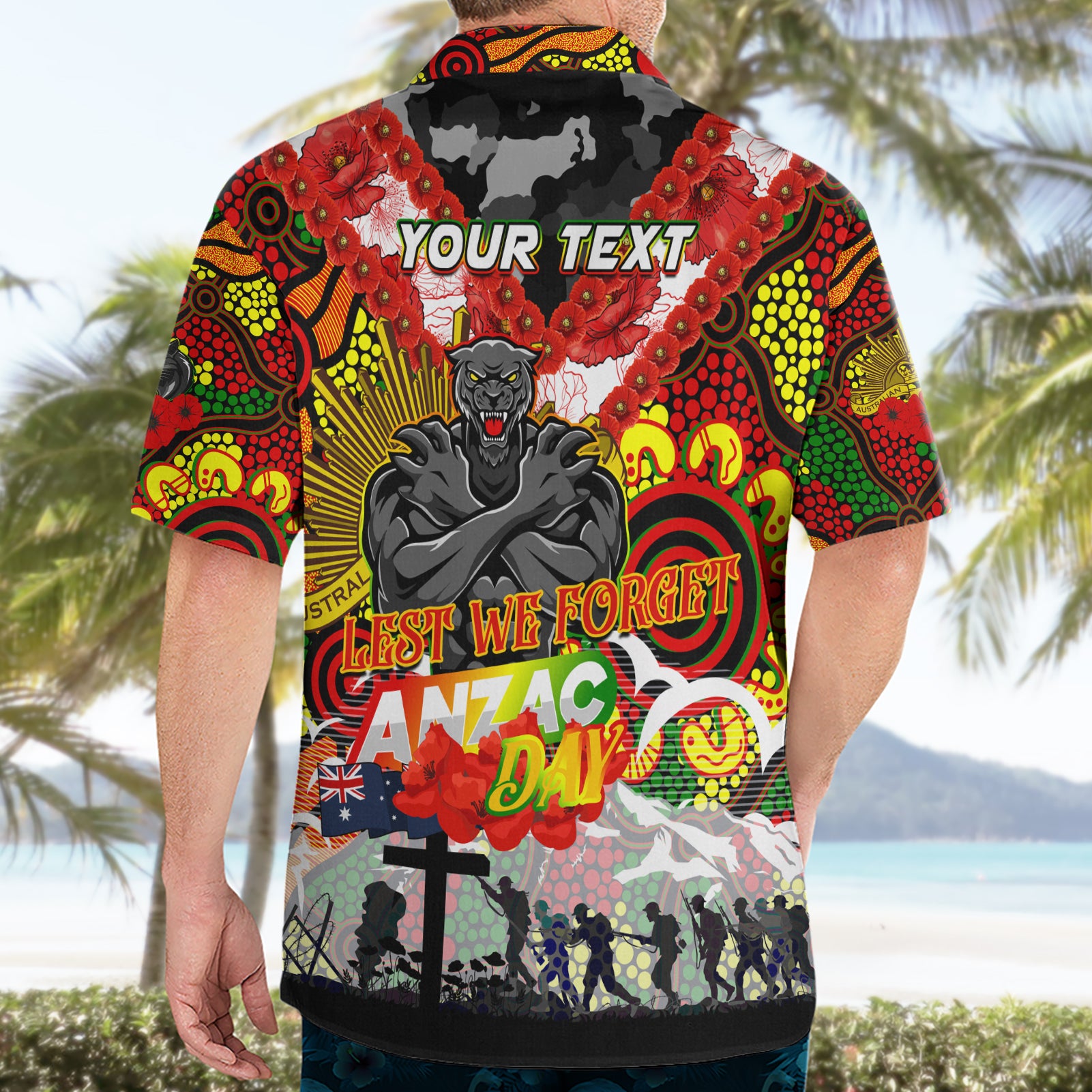 Personalised Panthers ANZAC Day Hawaiian Shirt Aboriginal Rising Sun - Vibe Hoodie Shop