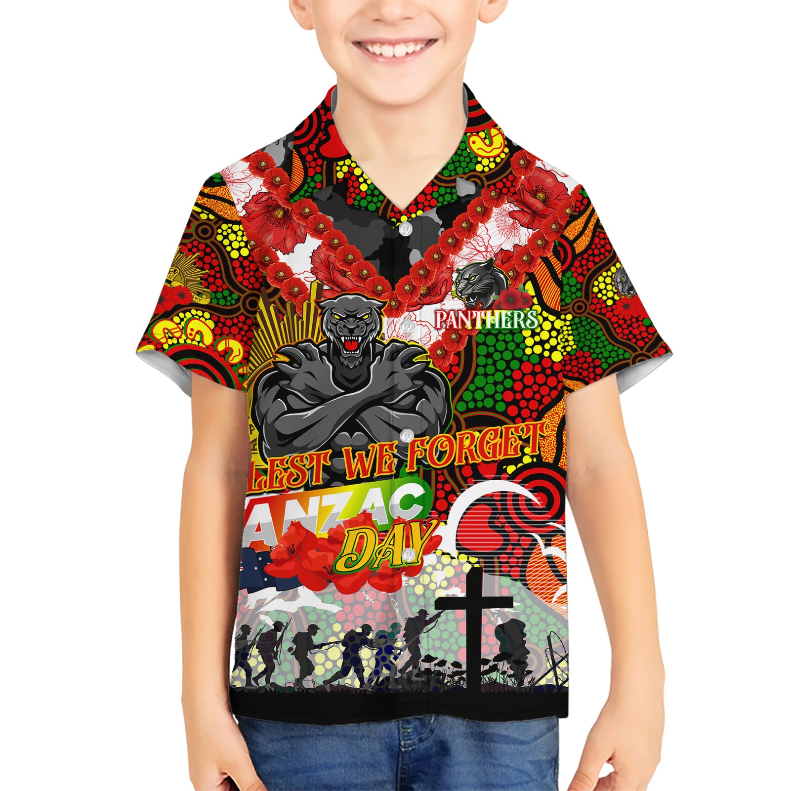 Personalised Panthers ANZAC Day Hawaiian Shirt Aboriginal Rising Sun - Vibe Hoodie Shop