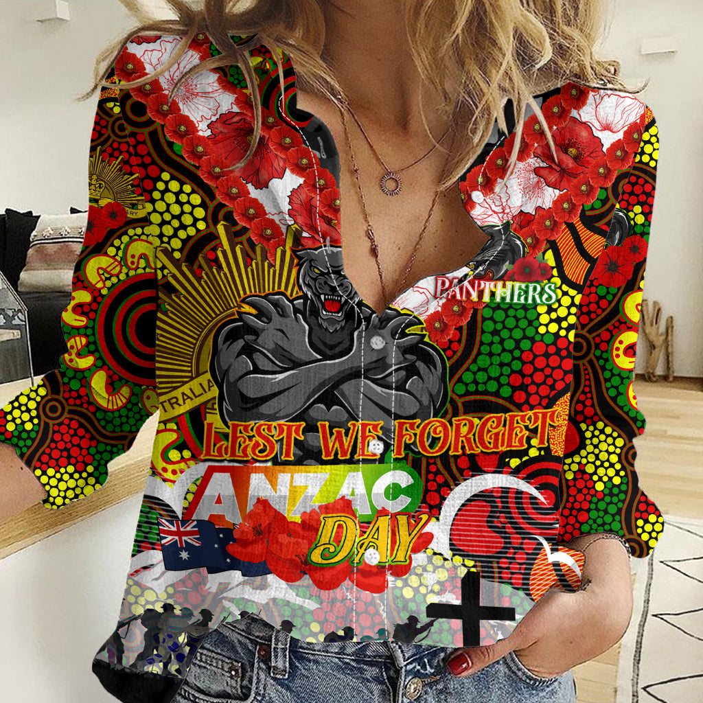 Personalised Panthers ANZAC Day Women Casual Shirt Aboriginal Rising Sun - Vibe Hoodie Shop
