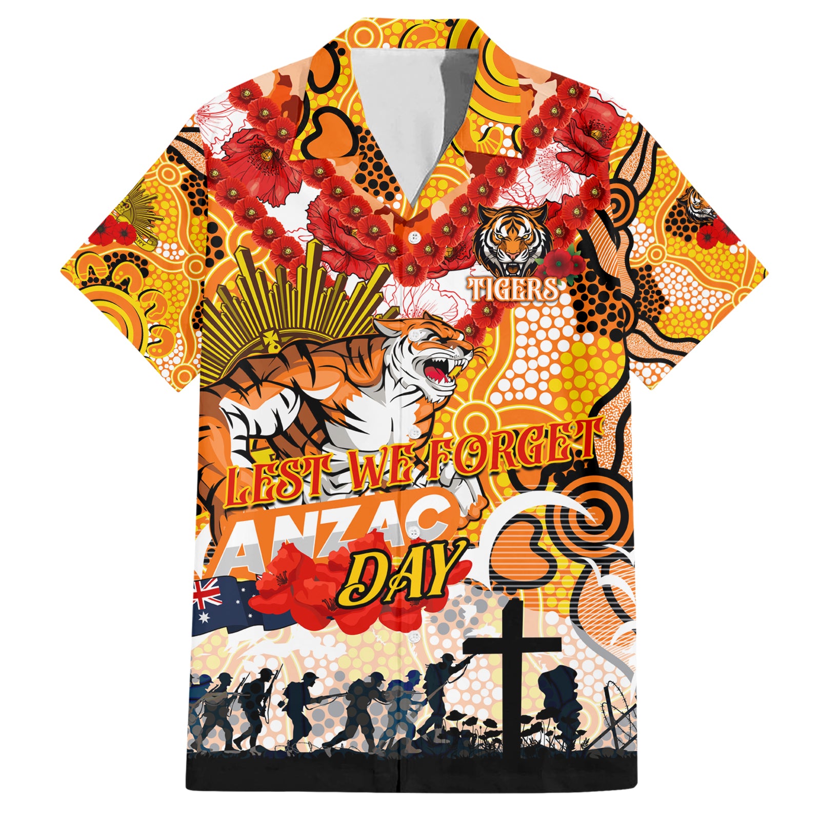 Personalised Tigers ANZAC Day Hawaiian Shirt Aboriginal Rising Sun - Vibe Hoodie Shop