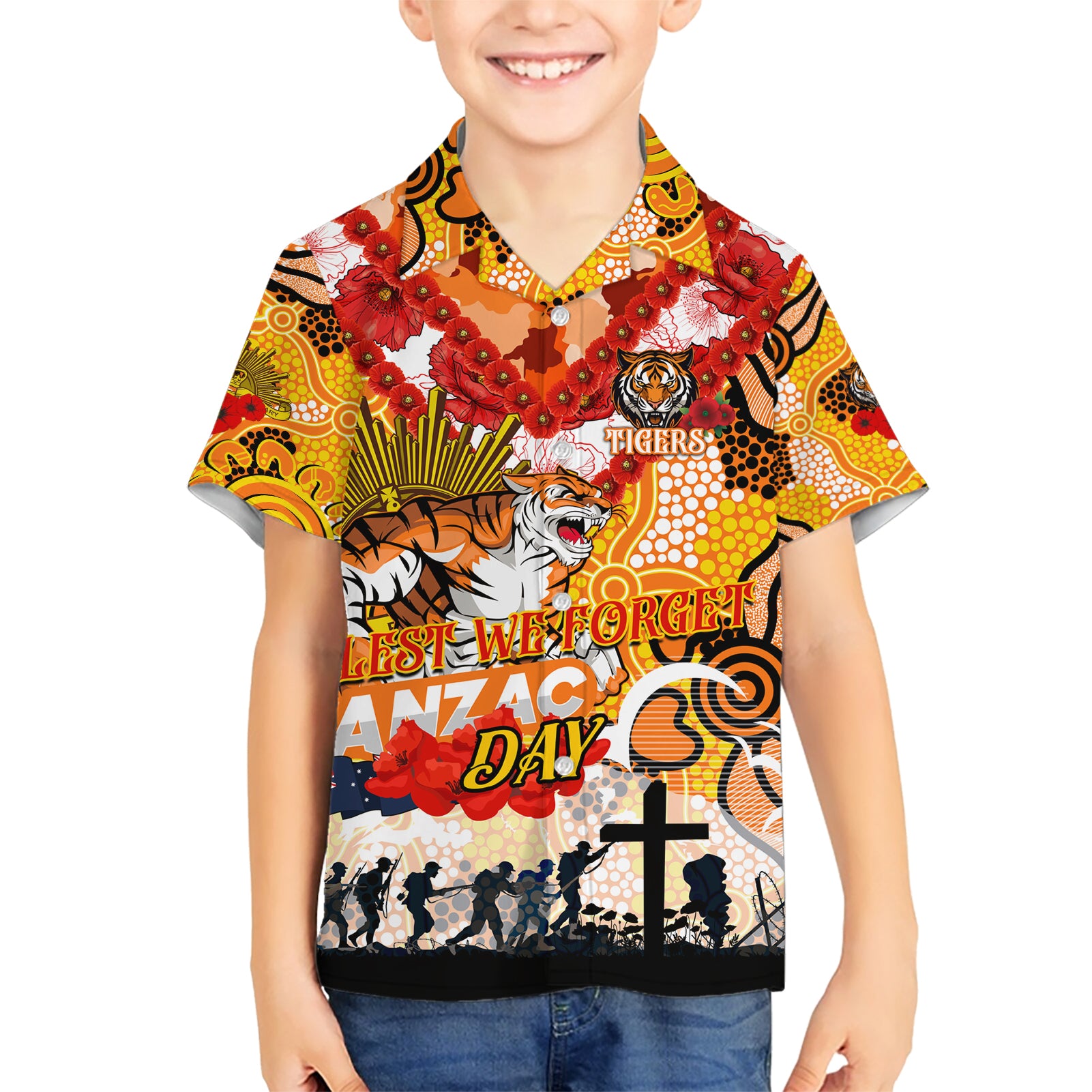 Personalised Tigers ANZAC Day Hawaiian Shirt Aboriginal Rising Sun - Vibe Hoodie Shop