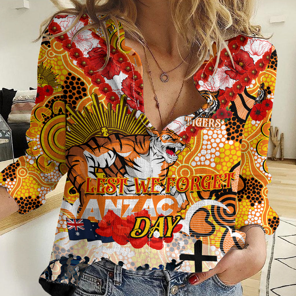 Personalised Tigers ANZAC Day Women Casual Shirt Aboriginal Rising Sun - Vibe Hoodie Shop