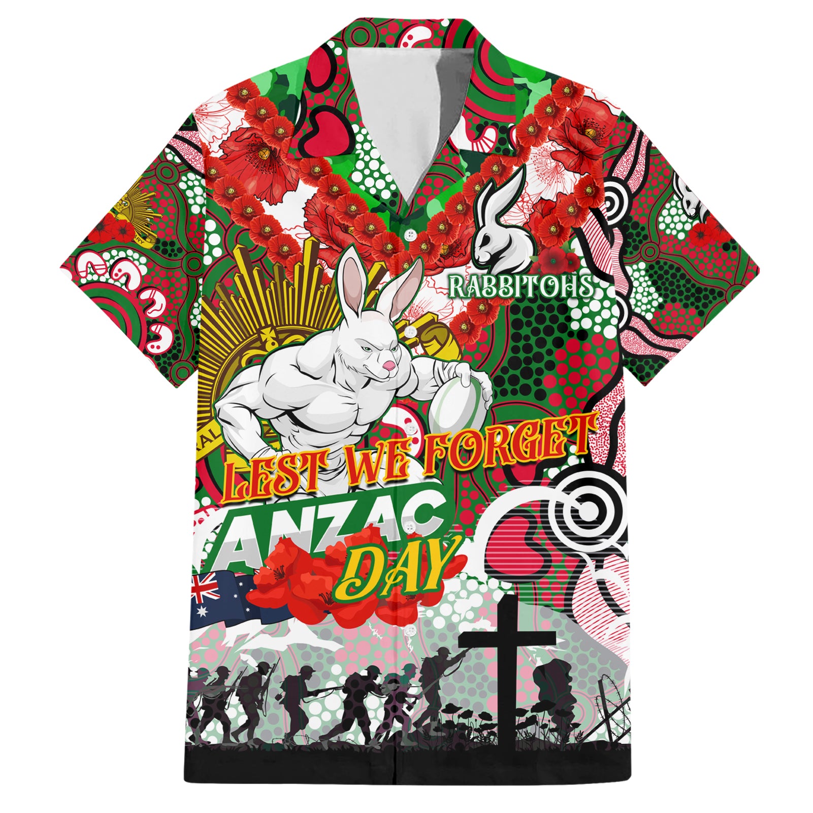 Personalised Rabbitohs ANZAC Day Hawaiian Shirt Aboriginal Rising Sun - Vibe Hoodie Shop