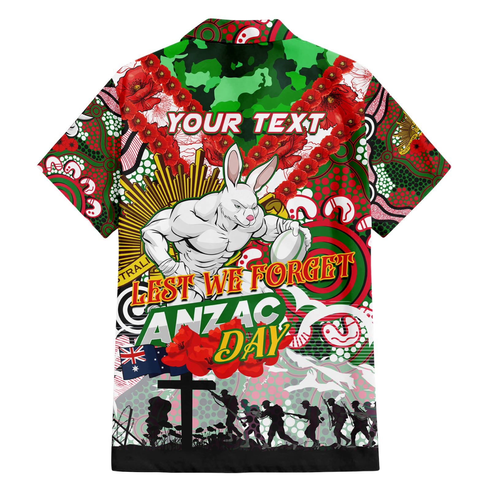 Personalised Rabbitohs ANZAC Day Hawaiian Shirt Aboriginal Rising Sun - Vibe Hoodie Shop