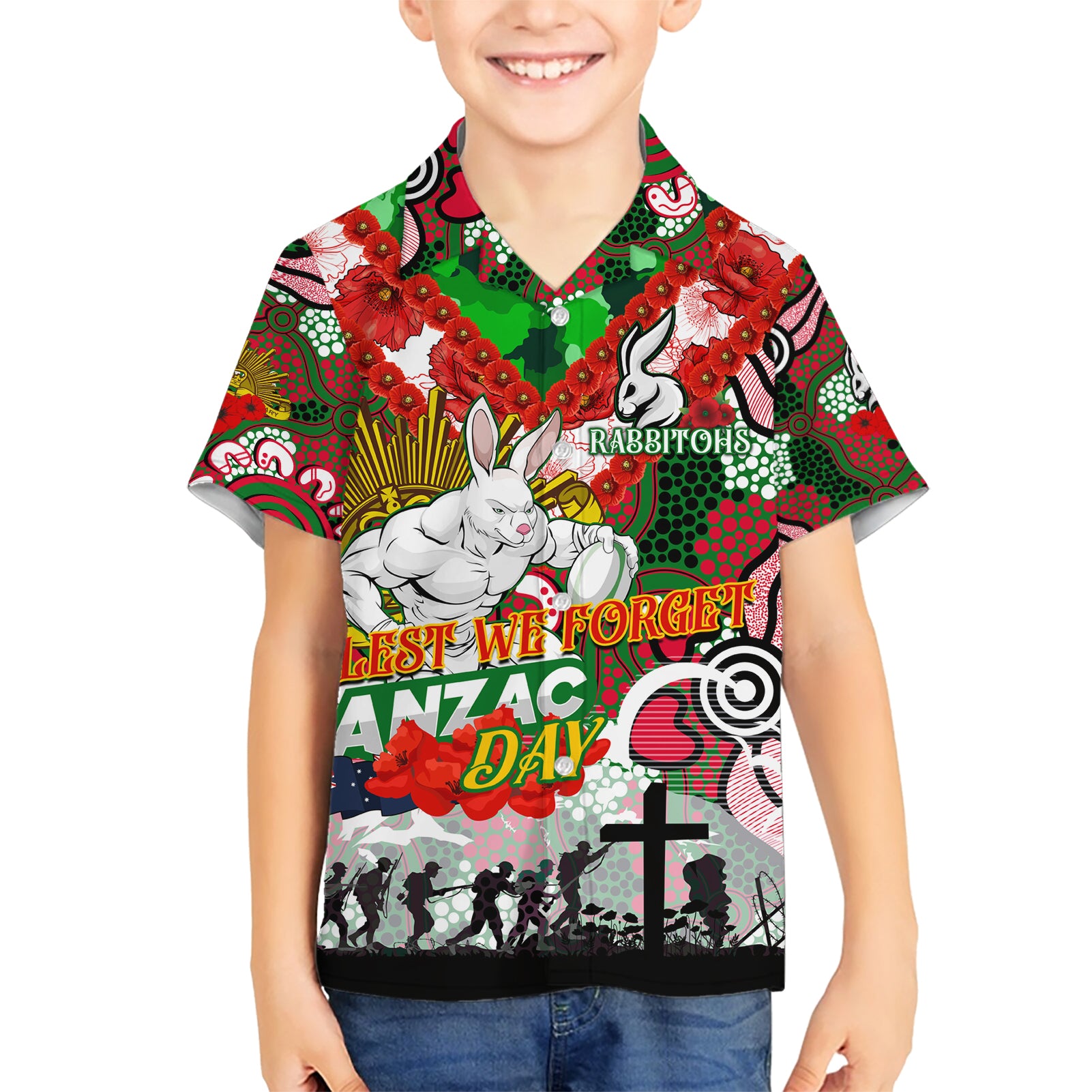 Personalised Rabbitohs ANZAC Day Hawaiian Shirt Aboriginal Rising Sun - Vibe Hoodie Shop