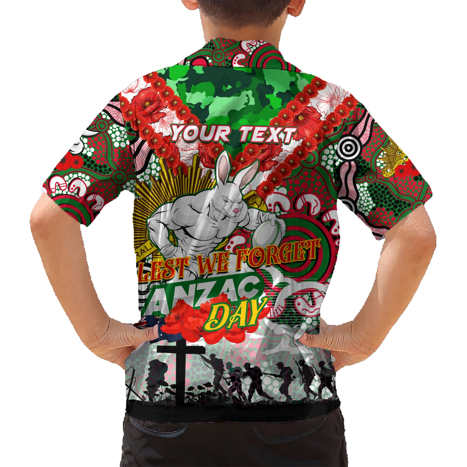 Personalised Rabbitohs ANZAC Day Hawaiian Shirt Aboriginal Rising Sun - Vibe Hoodie Shop