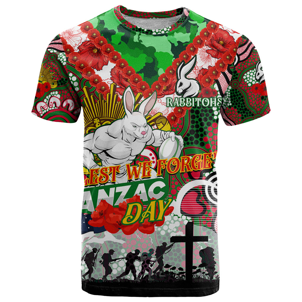 Personalised Rabbitohs ANZAC Day T Shirt Aboriginal Rising Sun - Vibe Hoodie Shop