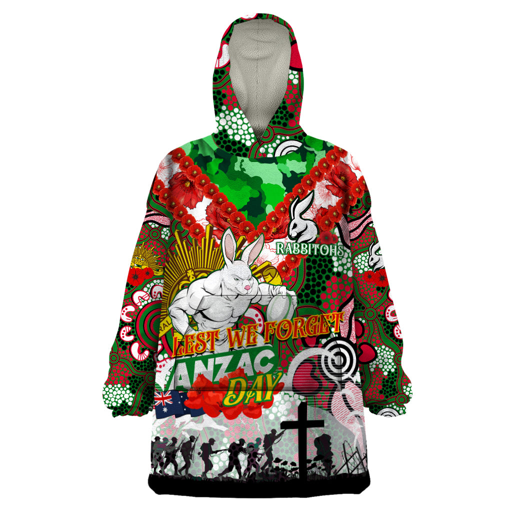 Personalised Rabbitohs ANZAC Day Wearable Blanket Hoodie Aboriginal Rising Sun - Vibe Hoodie Shop